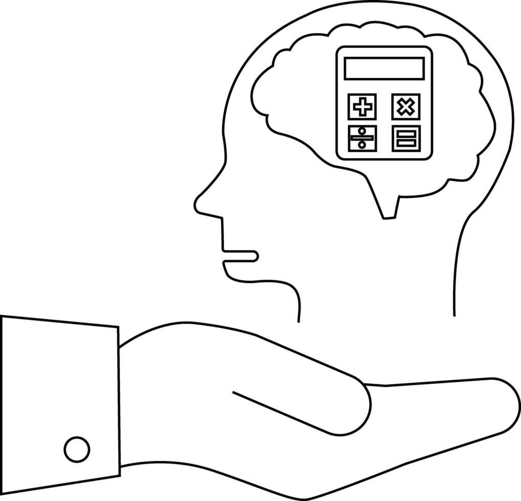 Line art of a hand offering a head with a calculator brain symbolic of math skills vector