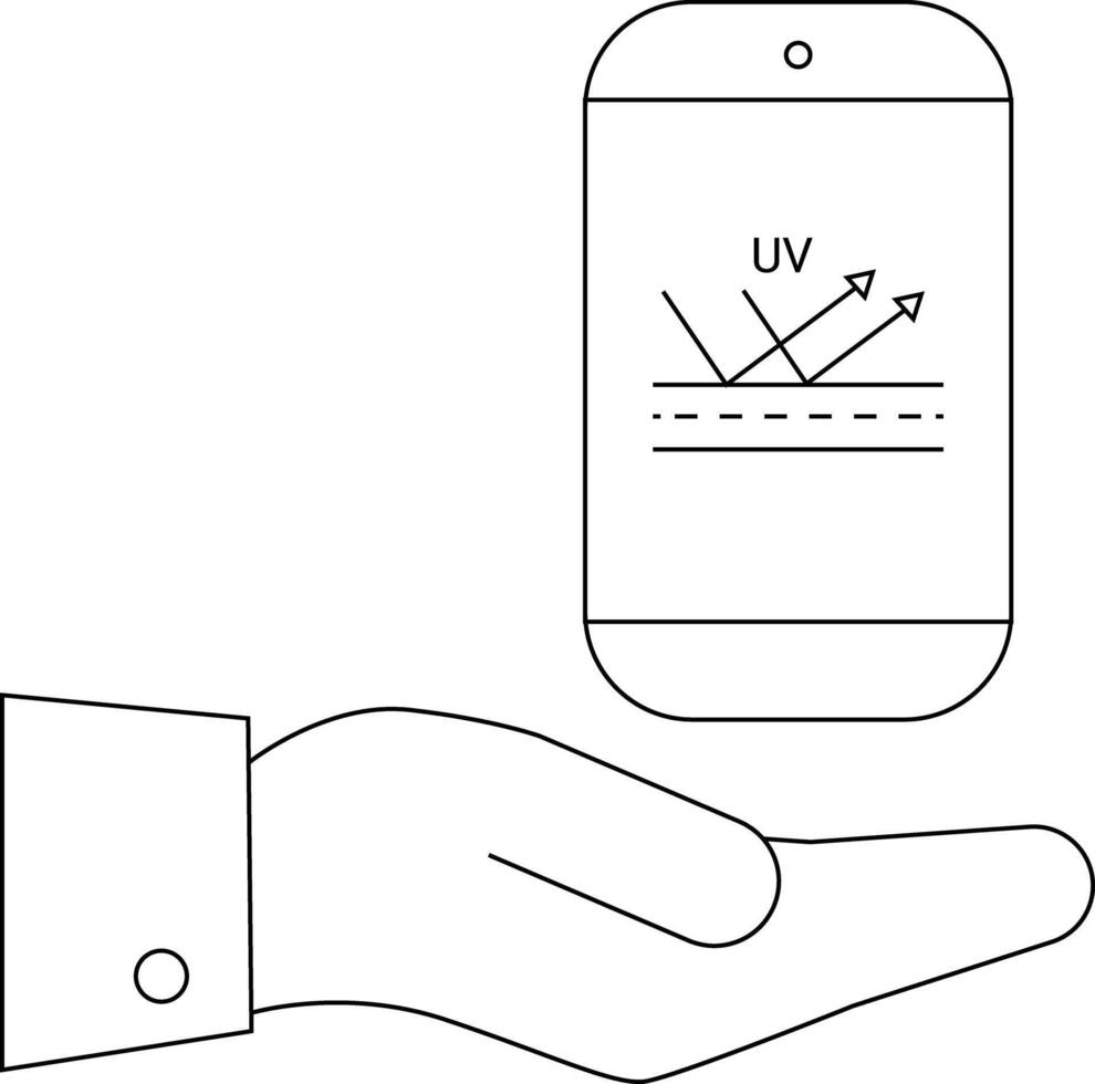 A hand holds a smartphone displaying a UV ray diagram with arrows indicating reflection vector