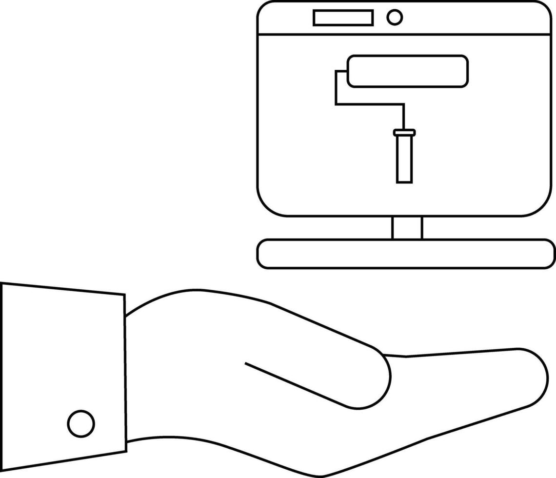 A hand offers a computer monitor displaying a paint roller tool icon vector