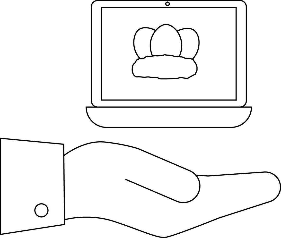 A laptop displays eggs on a nest resting above a palm in a minimalist monochrome drawing vector