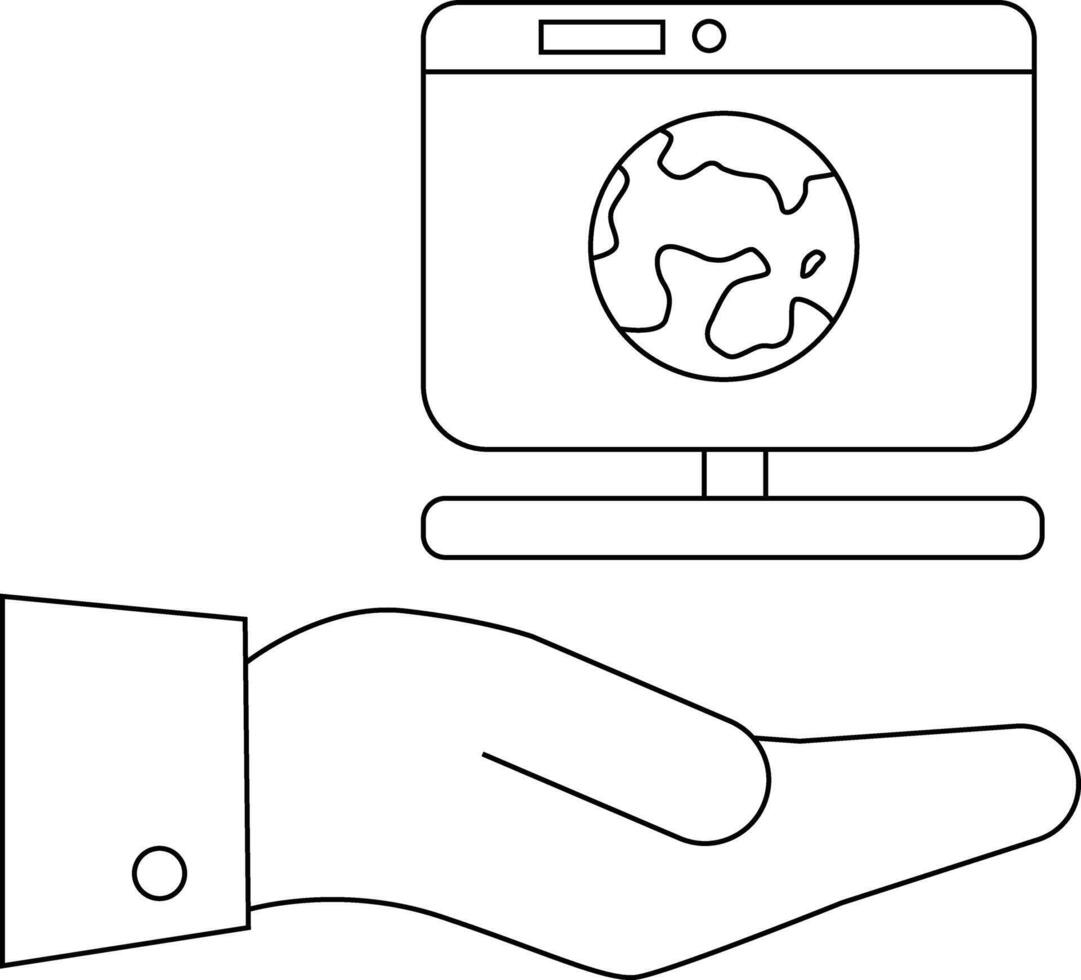 An open hand supports a monitor displaying an Earth icon vector