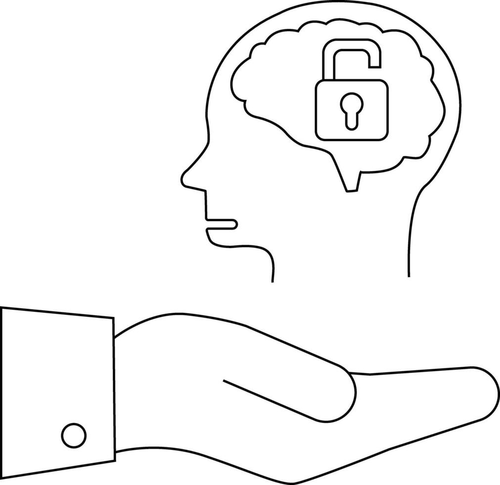 Outline depicts head with brain containing lock above open palm with sleeve vector