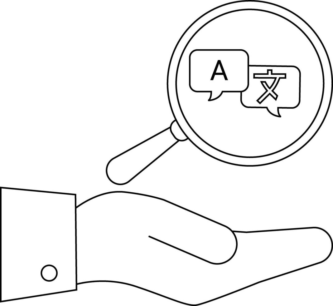Hand holds magnifying glass focusing on translation speech bubbles with A and Chinese characters vector