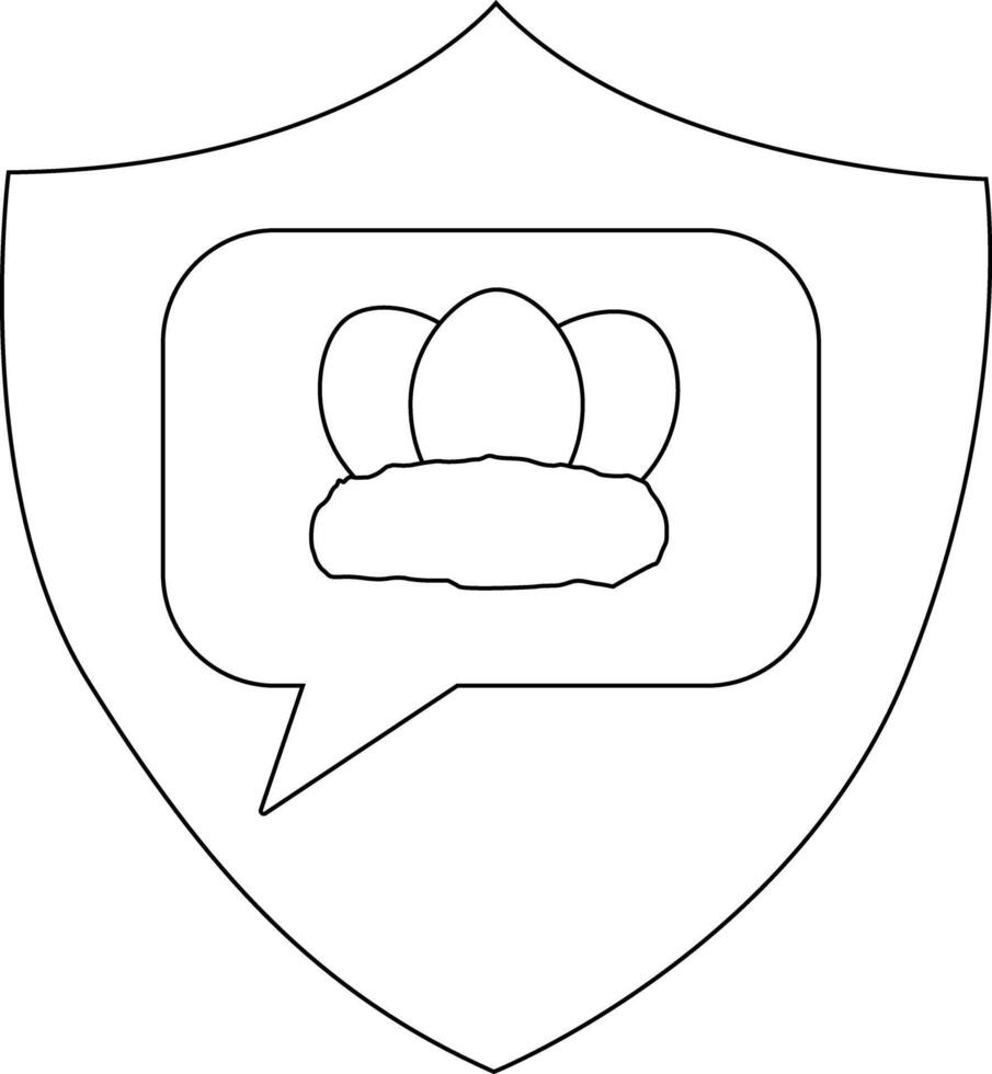 Shield features a speech bubble filled with nest and three eggs all in outline vector