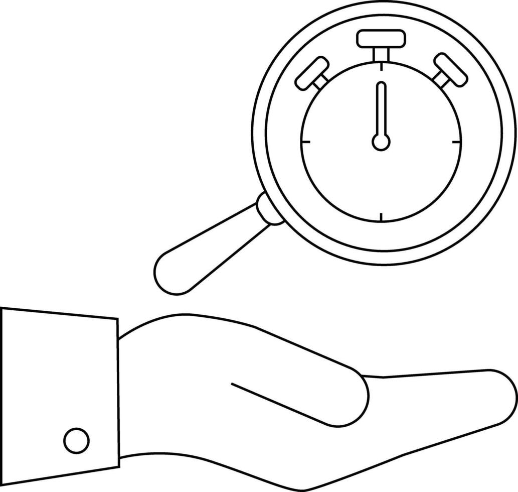 A hand holds a magnifying glass examining a clock all depicted in a clean minimalistic line drawing vector