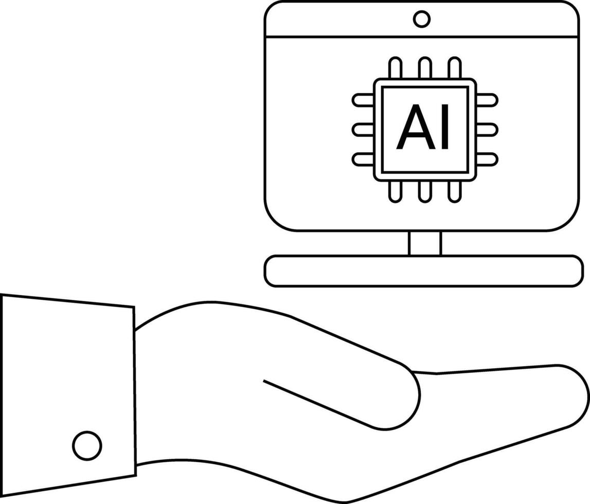 A hand holds a monitor displaying an AI chip icon lines define the design vector