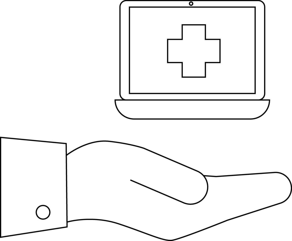 A hand holds a laptop displaying a plus symbol on its screen vector