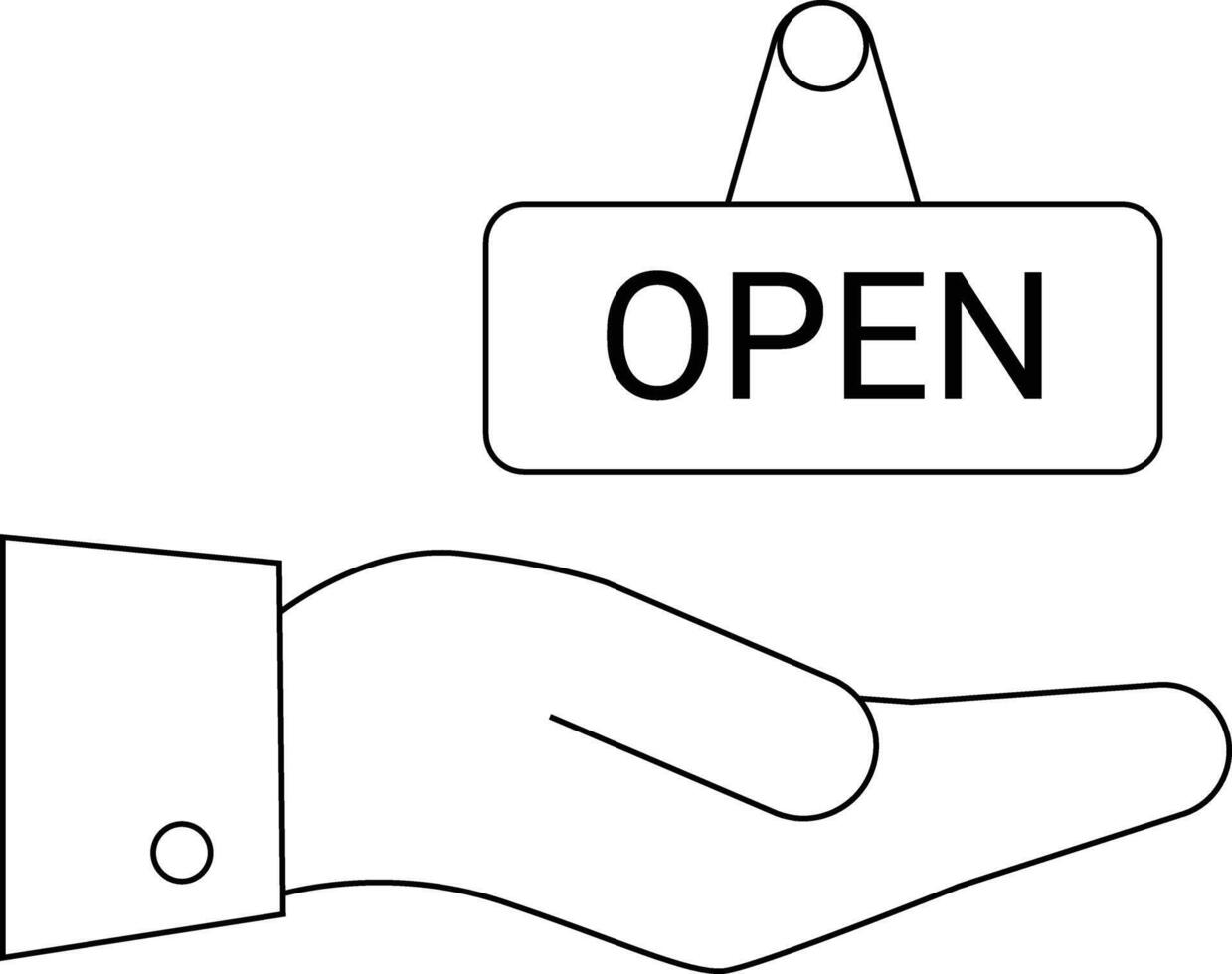 A hand holds an OPEN sign displayed in a line drawing style vector