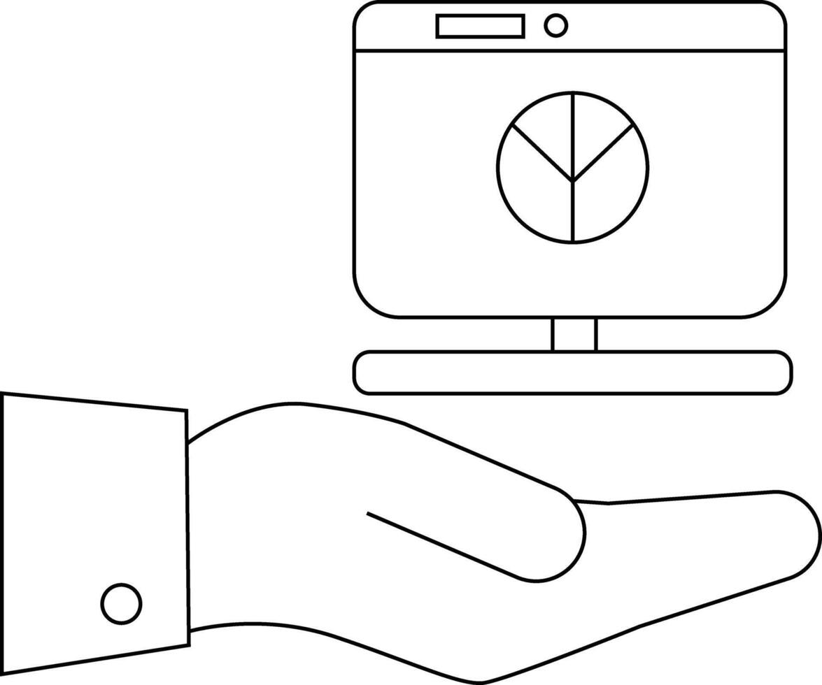A hand holds a desktop computer displaying a pie chart Simple line drawing vector