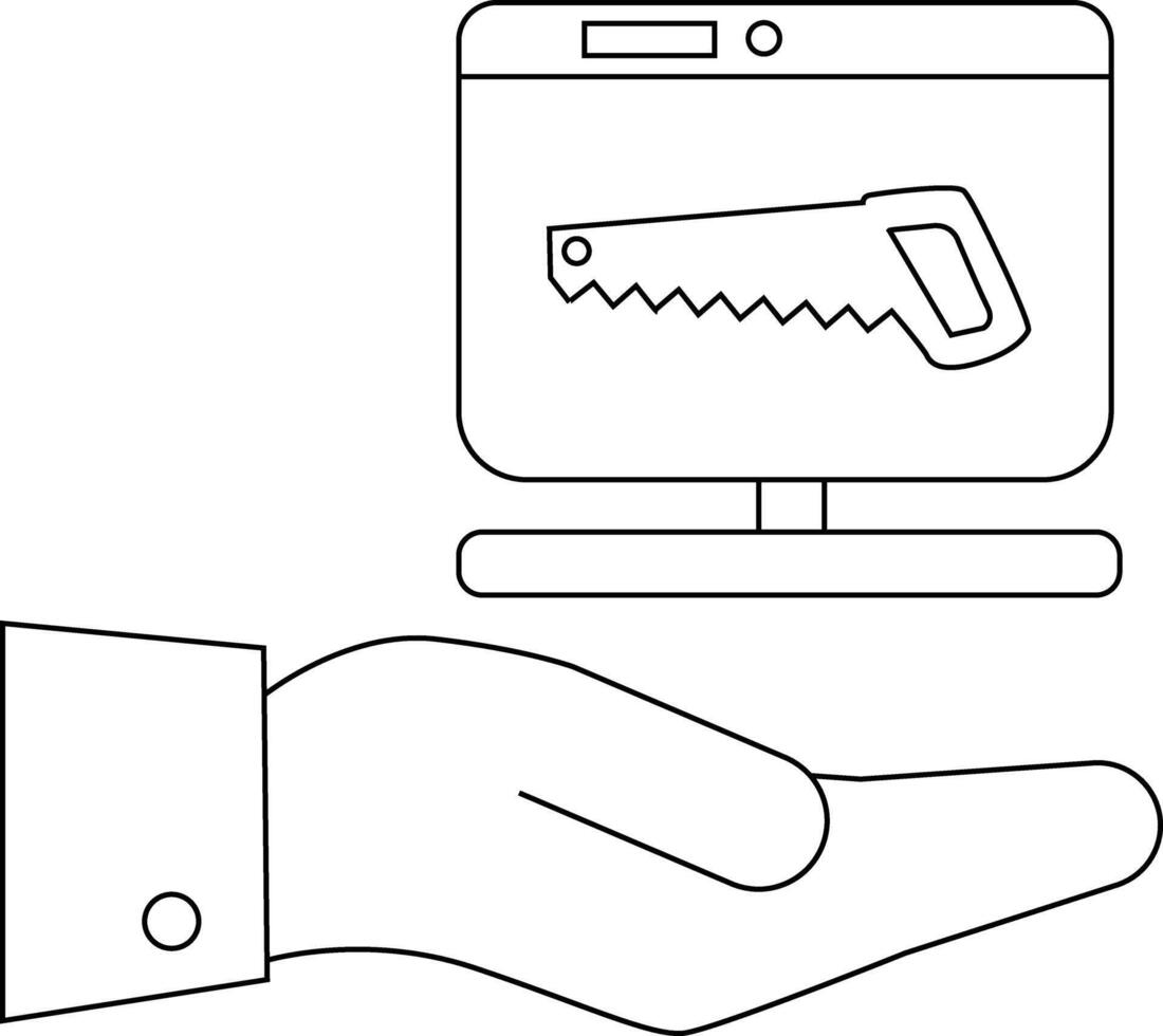 A hand holds a computer monitor with a saw on the screen vector