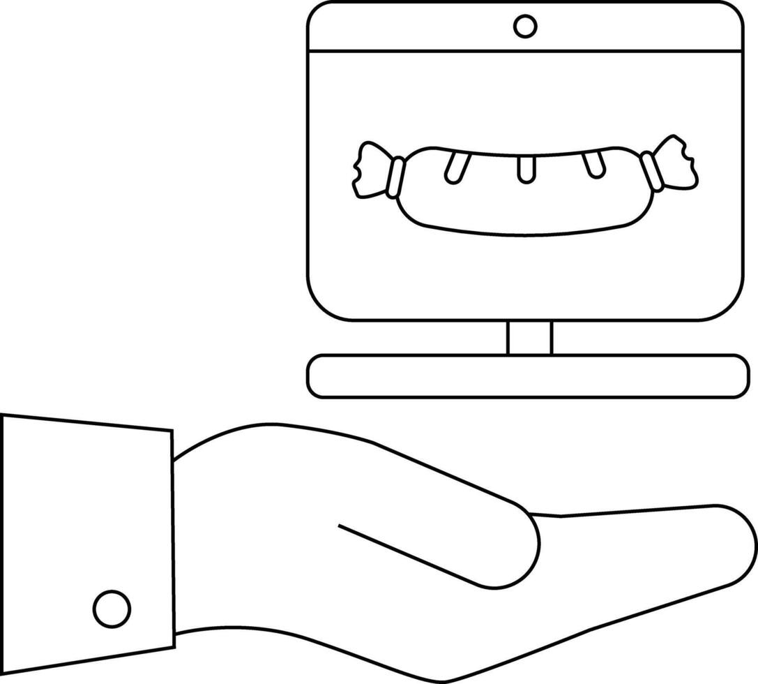 A hand holds a computer monitor displaying a cartoon sausage vector