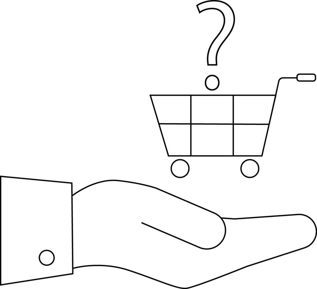 Outlined hand presents a shopping cart icon with a question mark above it vector