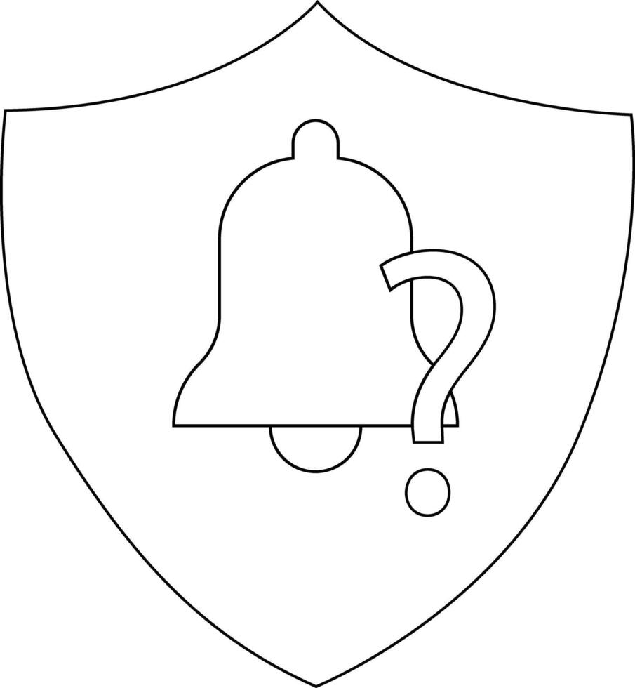Shield with bell icon and question mark outlined in black and white vector