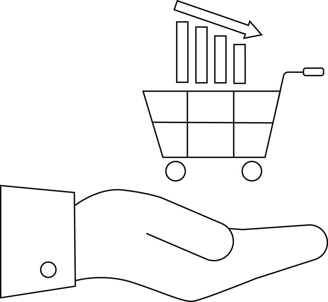 A hand holds a shopping cart containing a descending bar graph with an arrow pointing downwards vector
