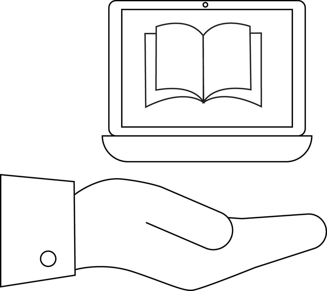 A hand presents a laptop displaying an open book Simple line drawing no shading vector