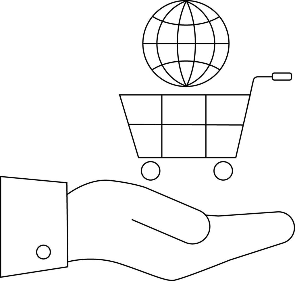 un mano sostiene un compras carro con un globo dentro simbolizando global en línea compras vector