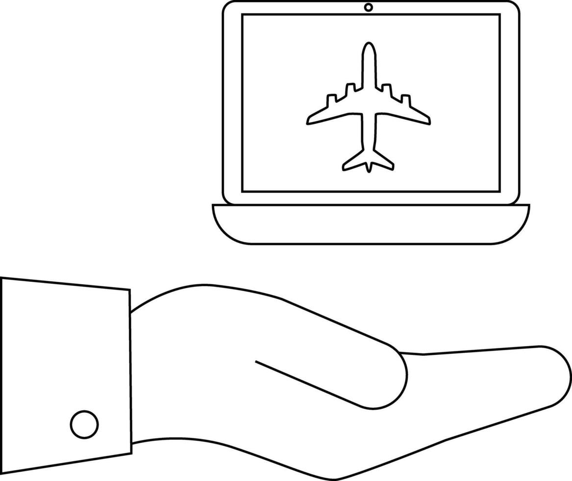 A hand holds a laptop displaying an airplane graphic vector