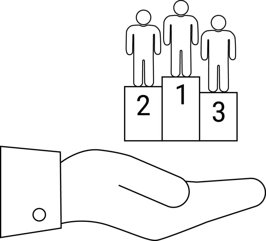 A hand presents a podium with three figures standing on it numbered 1 2 and 3 vector