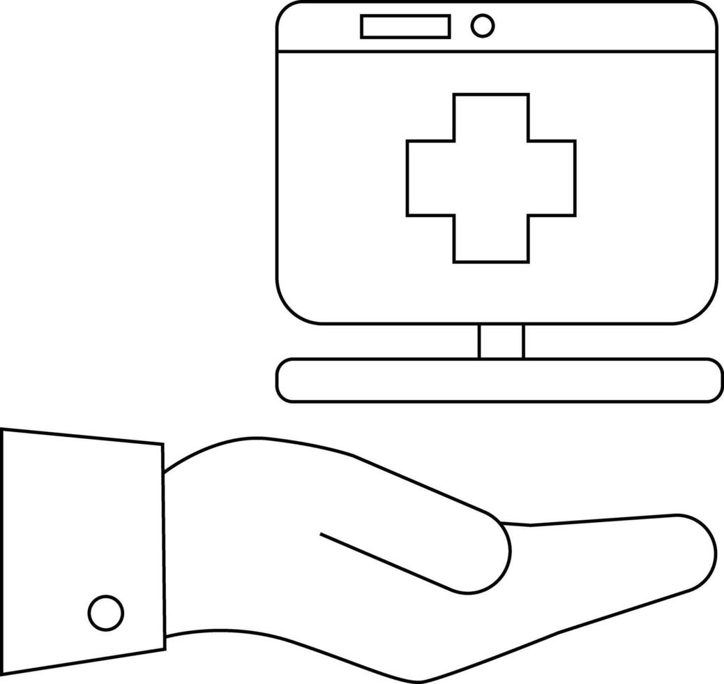 A monitor displaying a plus sign above an open hand with a buttoned sleeve vector