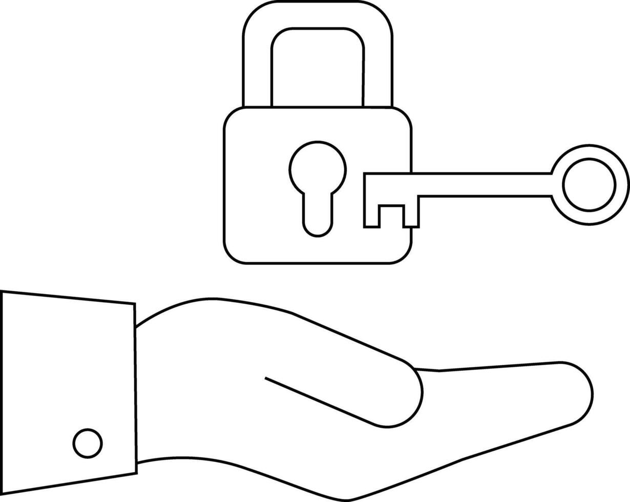 A hand offering a key to a lock depicted in a clear concise line drawing vector