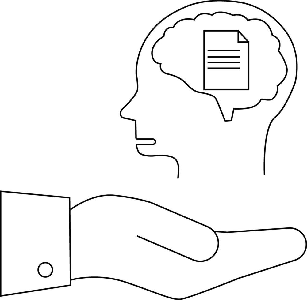 The graphic features a head with a brain containing a document icon above an outstretched hand all in simple black lines vector