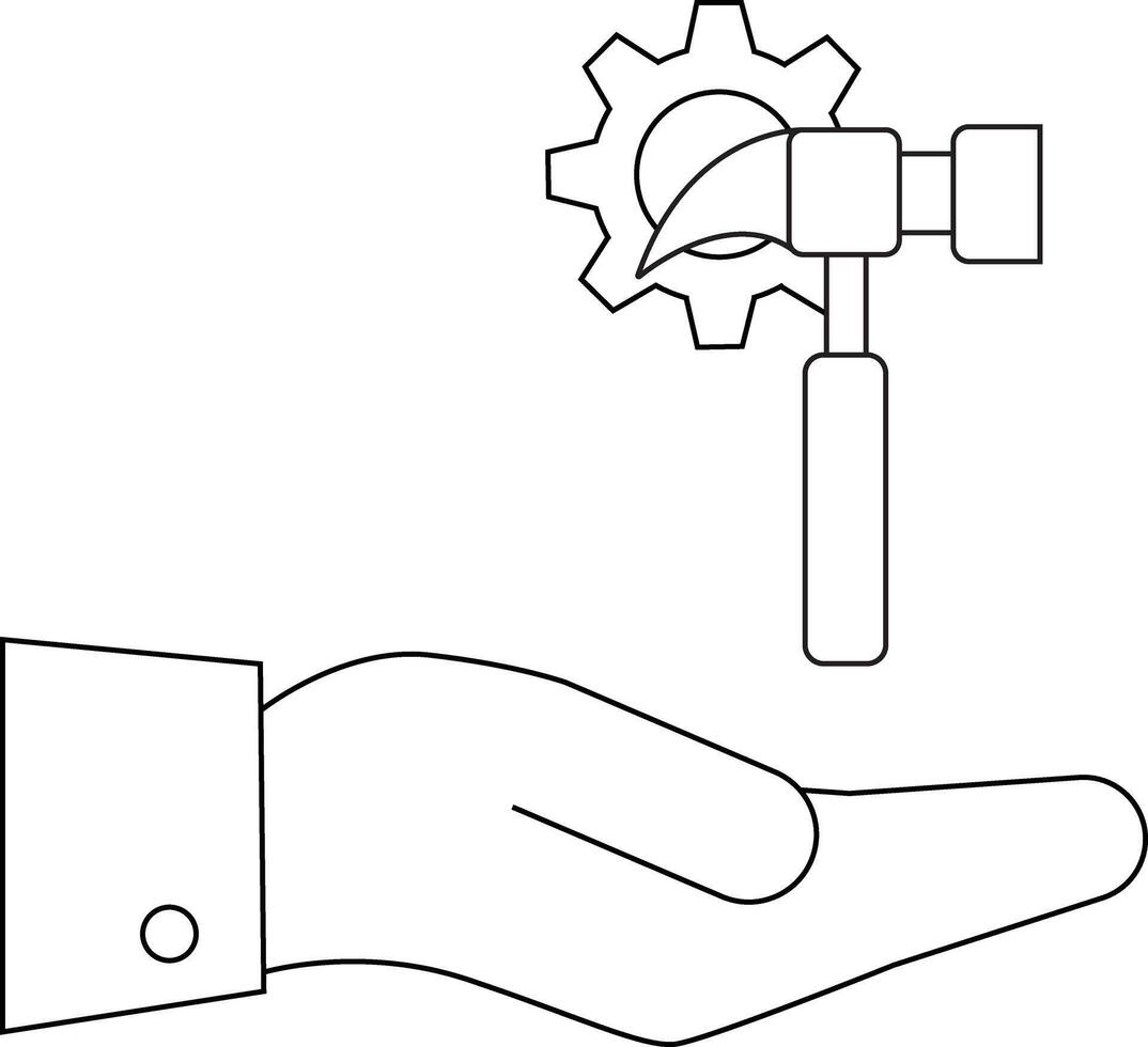 A hand in a suit holds a hammer and a gear visually representing development vector