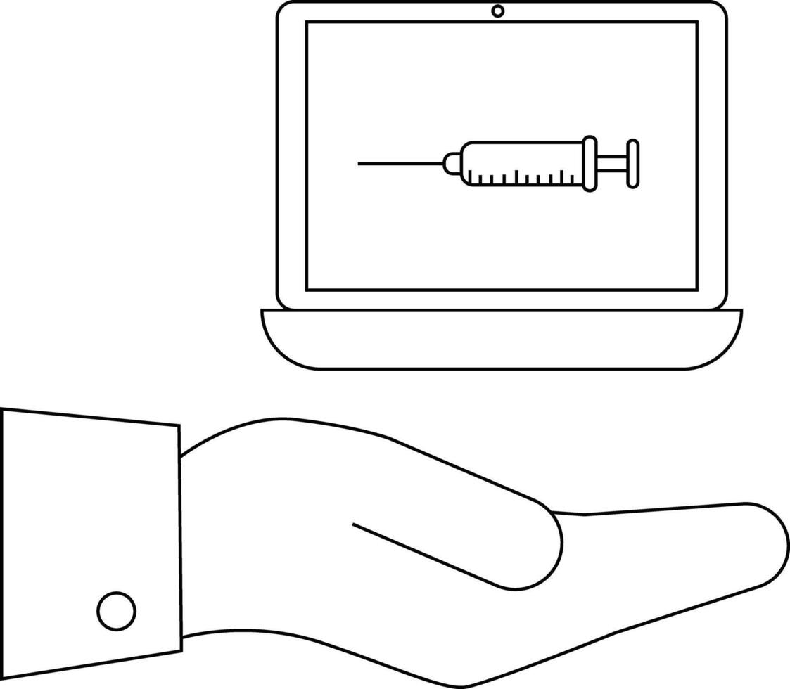 Outlined laptop displaying syringe rests on an open hand vector
