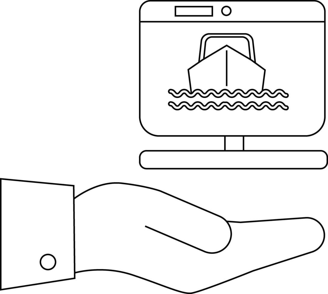 A computer monitor with a boat on screen is held in a hand vector
