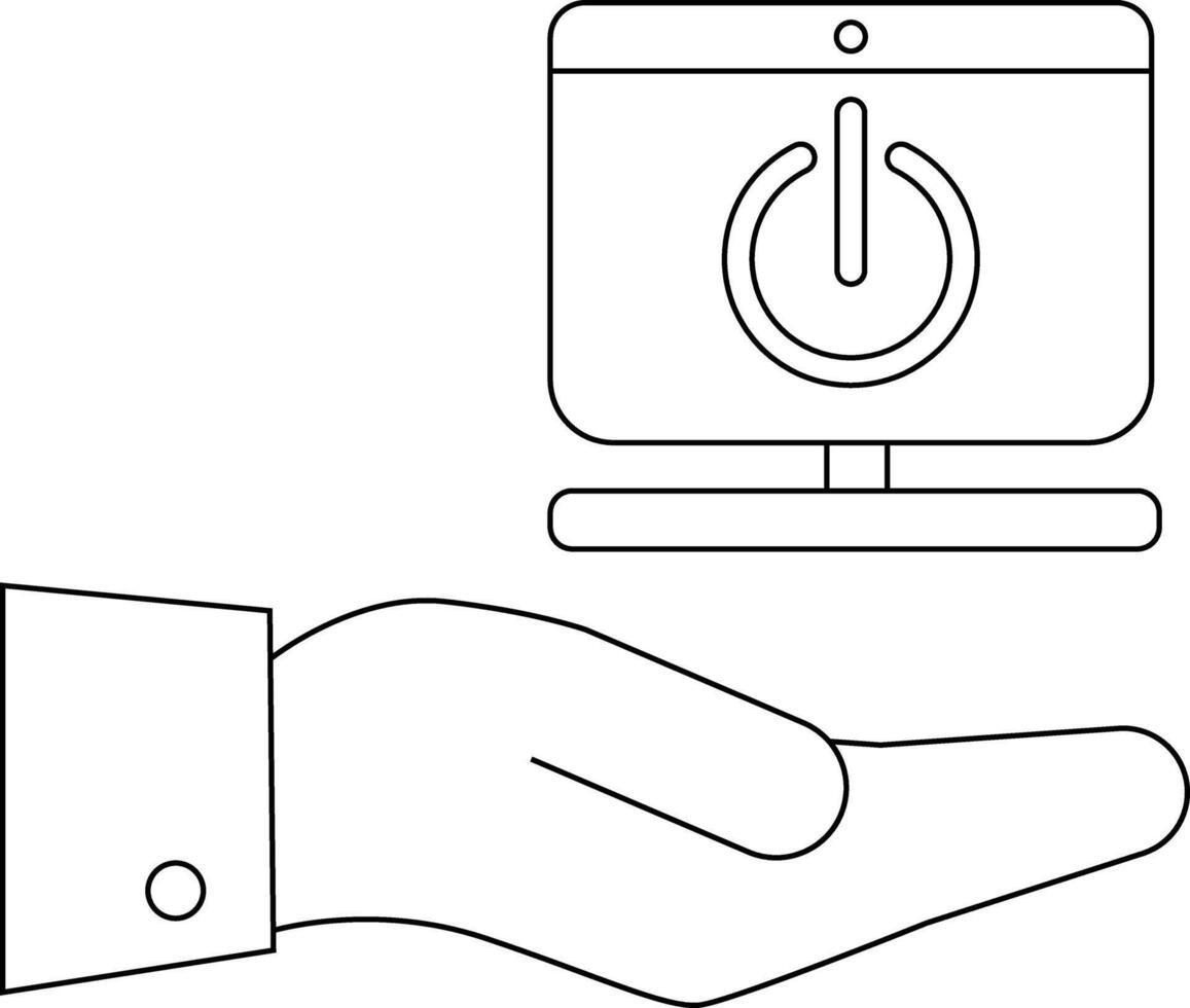 línea Arte muestra un mano presentación un computadora monitor con un poder símbolo en un llanura antecedentes vector