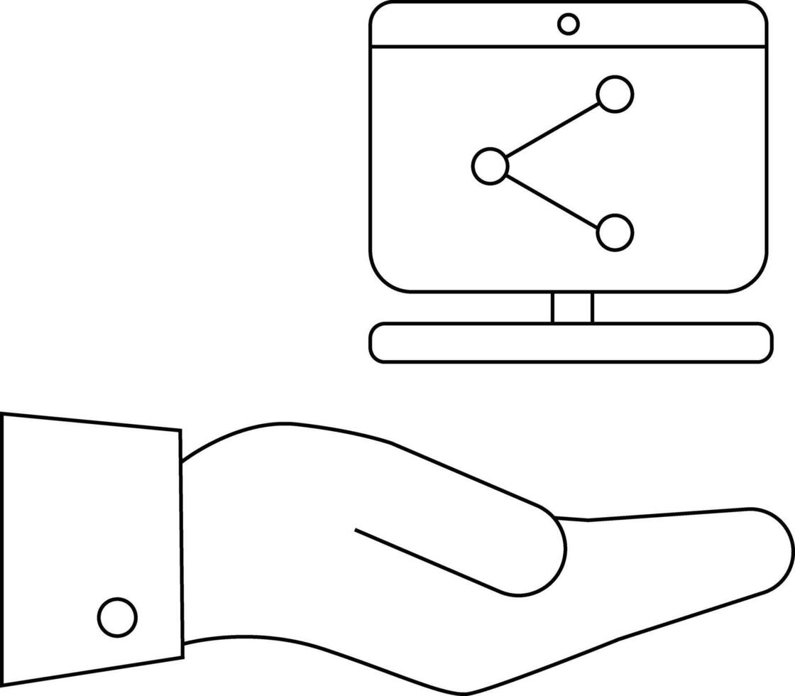 Hand supporting a computer monitor displaying a network icon with three connected nodes vector