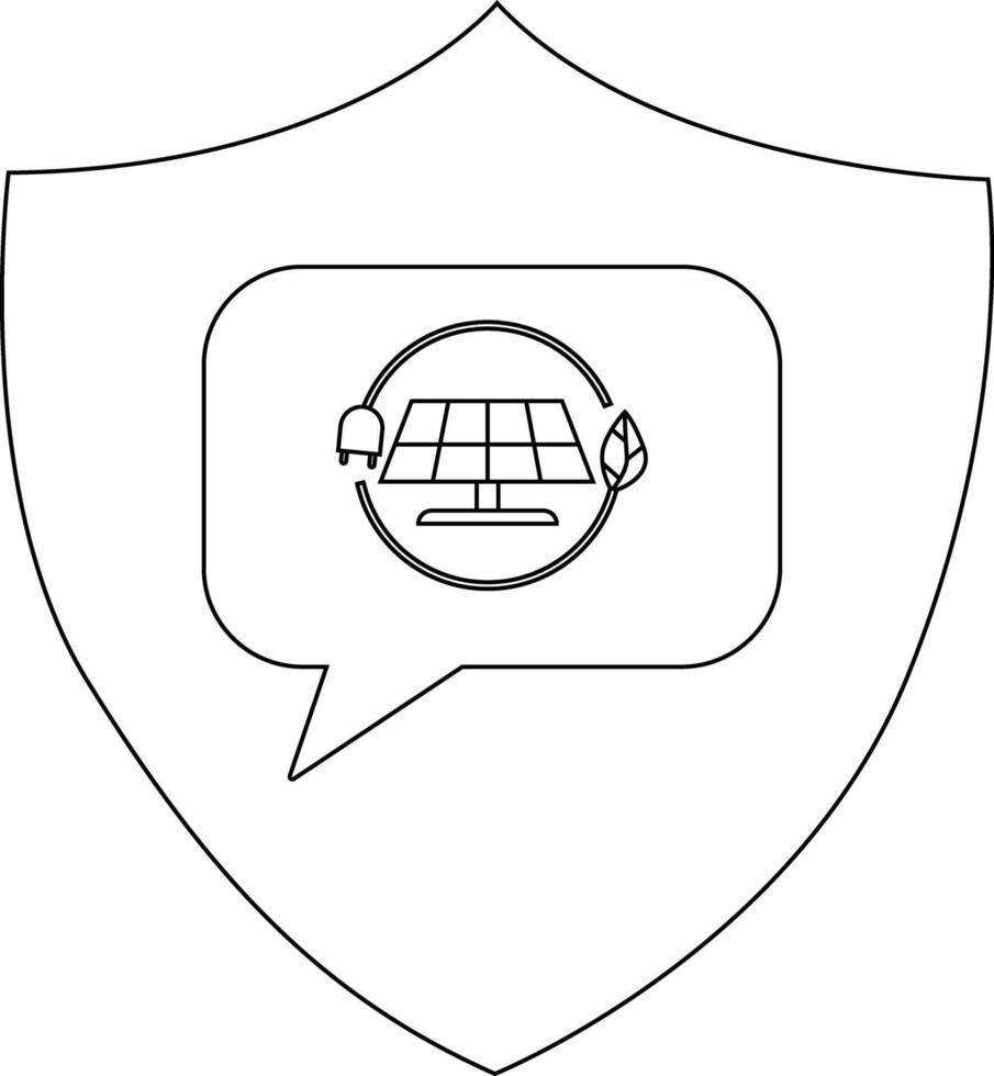 Shield displays a speech bubble containing a solar panel imageplugleafsymbolizing clean energy conversation vector
