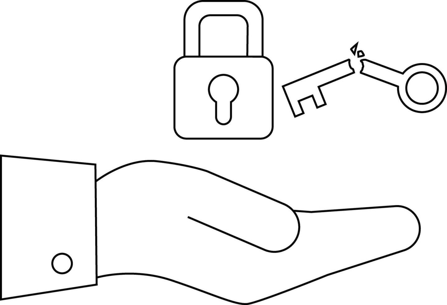 A hand presents a padlock and a broken key rendered as a line drawing vector