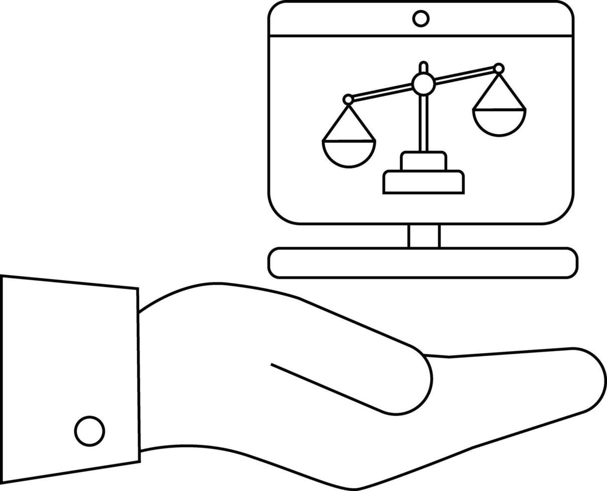 A hand holds a computer screen displaying a justice scale outlined in black vector