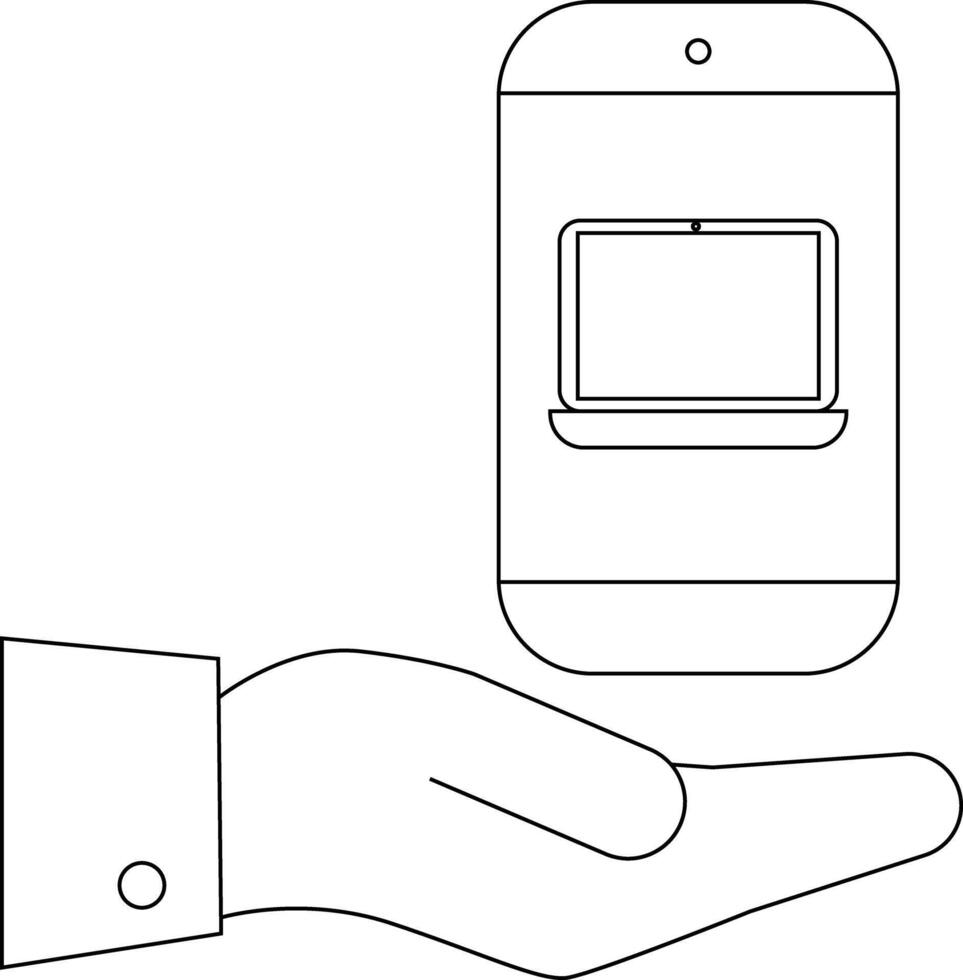 A hand holds a smartphone screen mirroring a laptop display vector