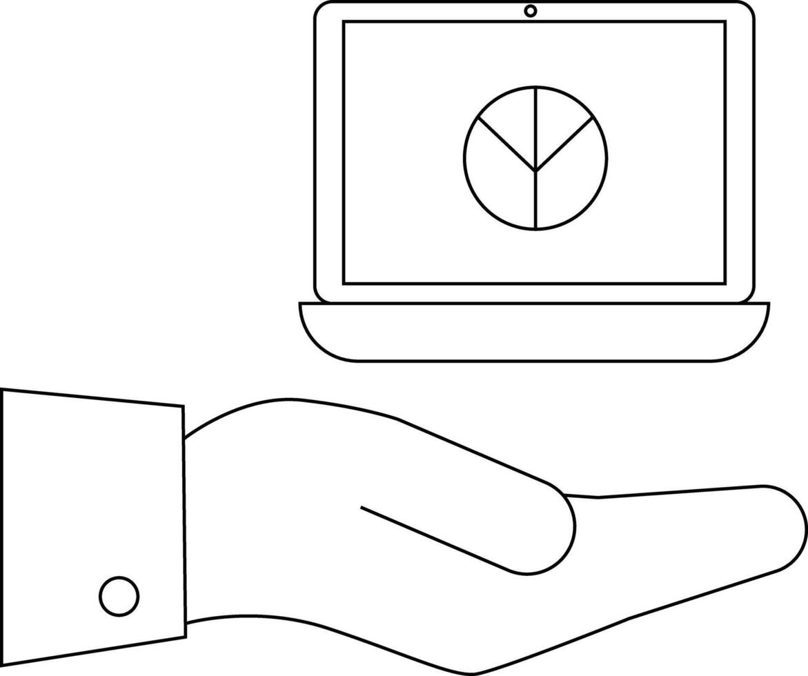Outline of a laptop displaying a pie chart resting on an open hand with a suit sleeve vector