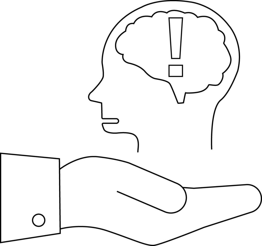 A stylized outline shows a head with a brain inside an exclamation point and a hand underneath vector