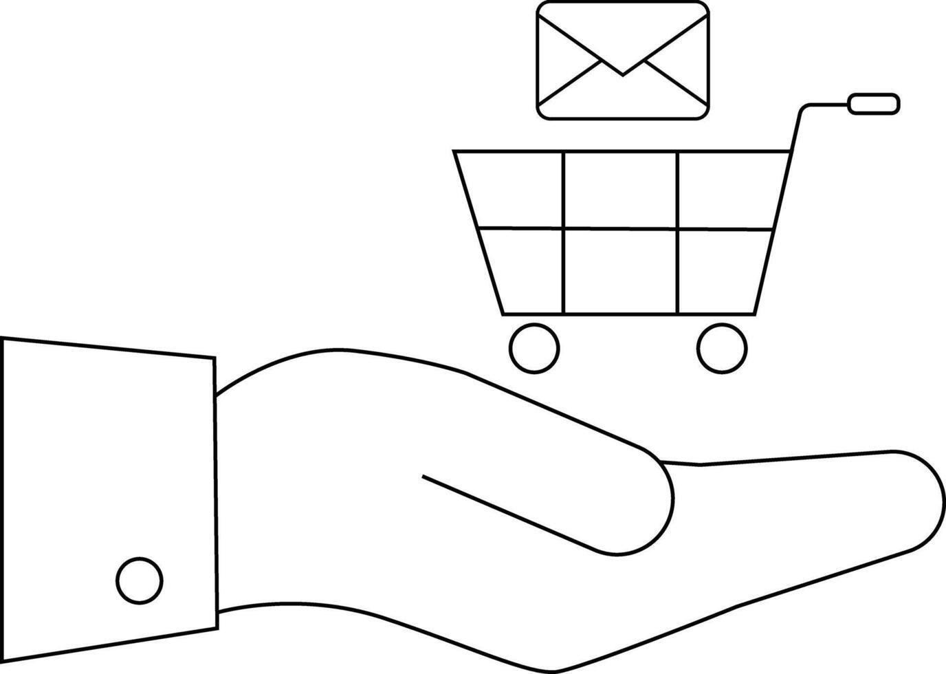 Outlined image features a hand holding a shopping cart with an envelope on top vector