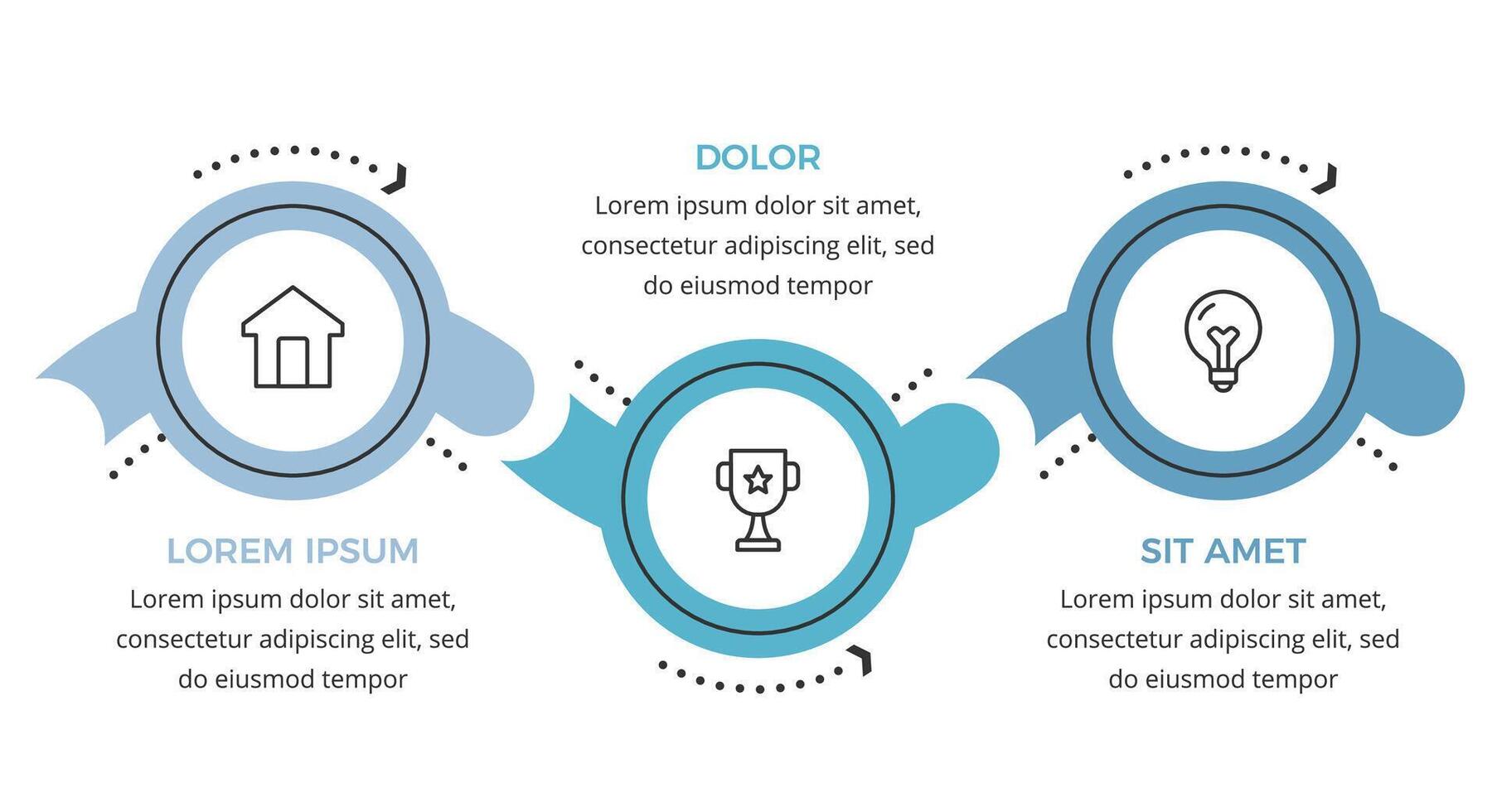 Three connected circles with icons and place for text, infographic template vector