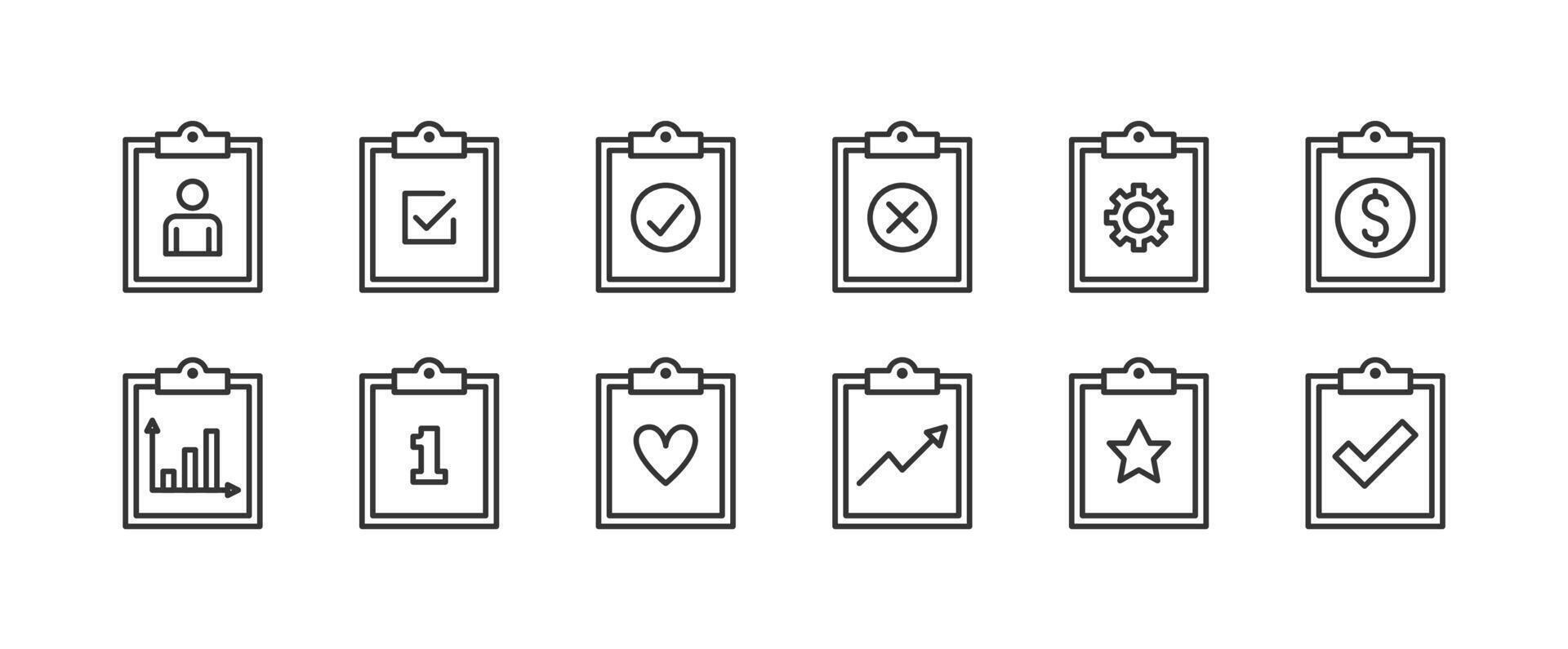 Clipboard flat line icons with different symbols, pixel perfect, editable stroke vector