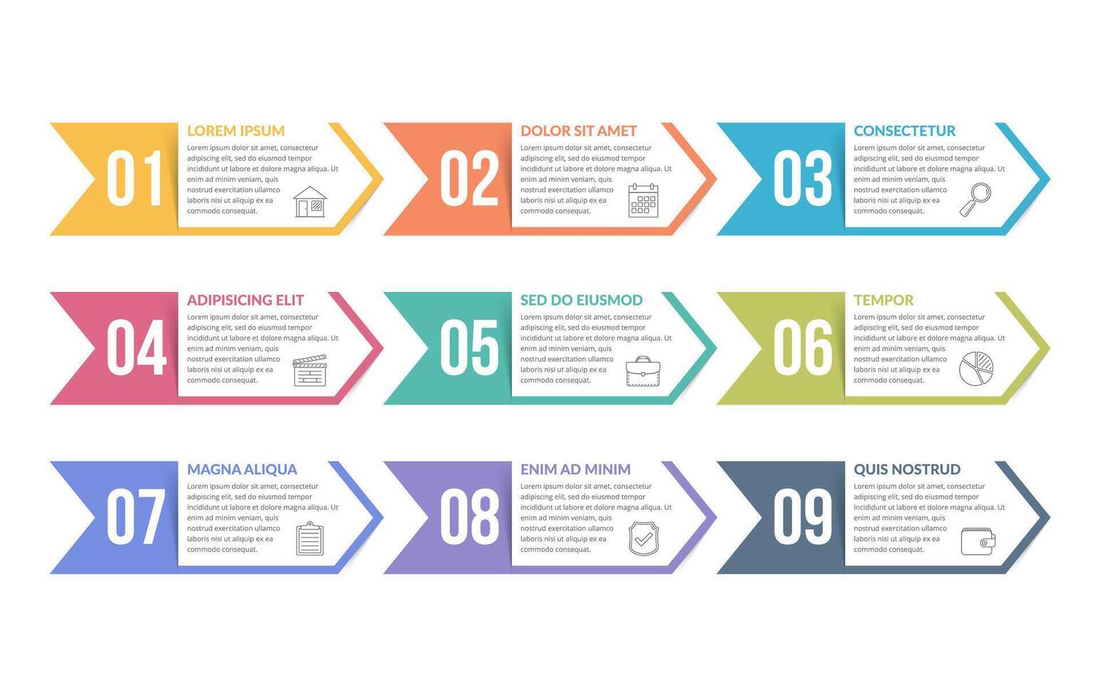 Set of nine arrows with numbers with place for your text, can be used as steps, options, process design, workflow vector