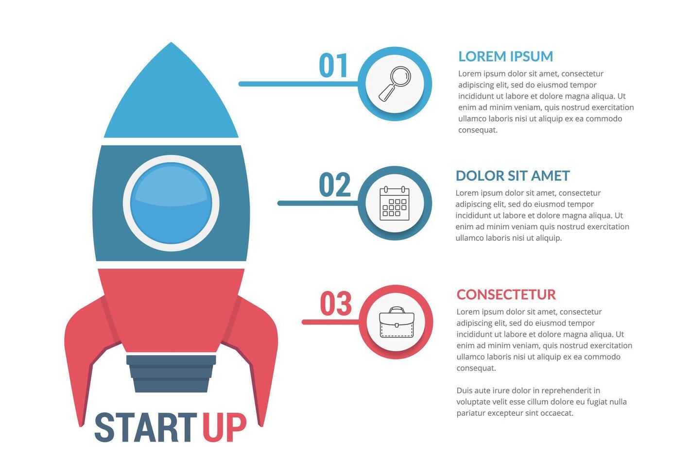 StartUp infographics with rocket divided on three elements with icons, numbers and text vector