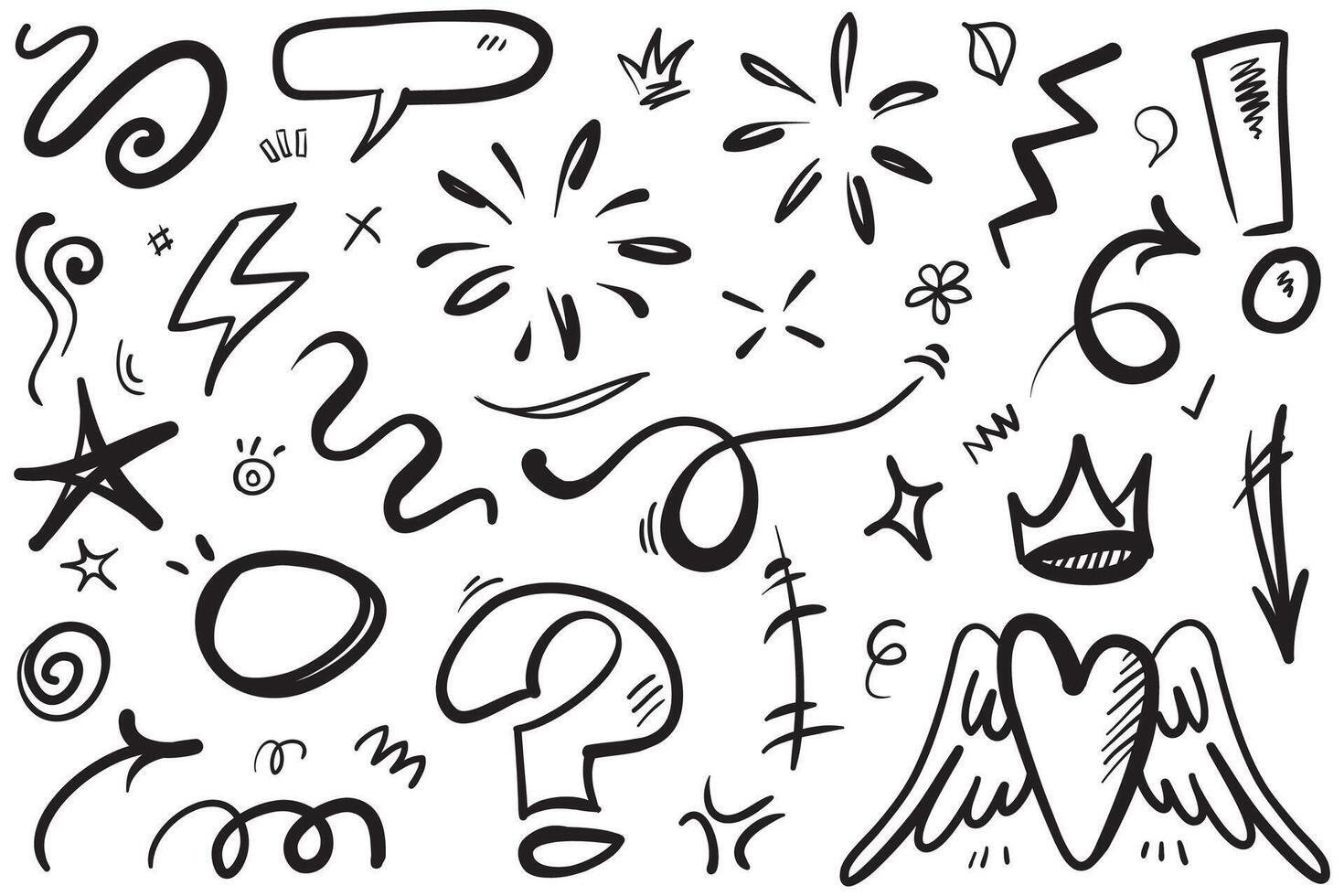 Sketch line elements set. Abstract decorative graphic icon set. Heart, crown, arrow. Graffiti sketch, hand-drawn line elements for brushes, abstract decorative design. Object illustrations. vector