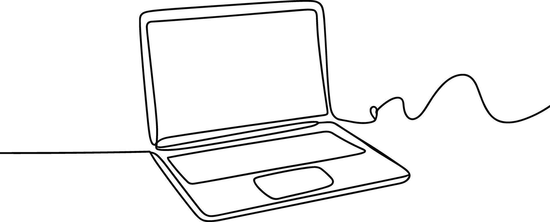 Single line drawing of an open laptop with a wavy cord vector