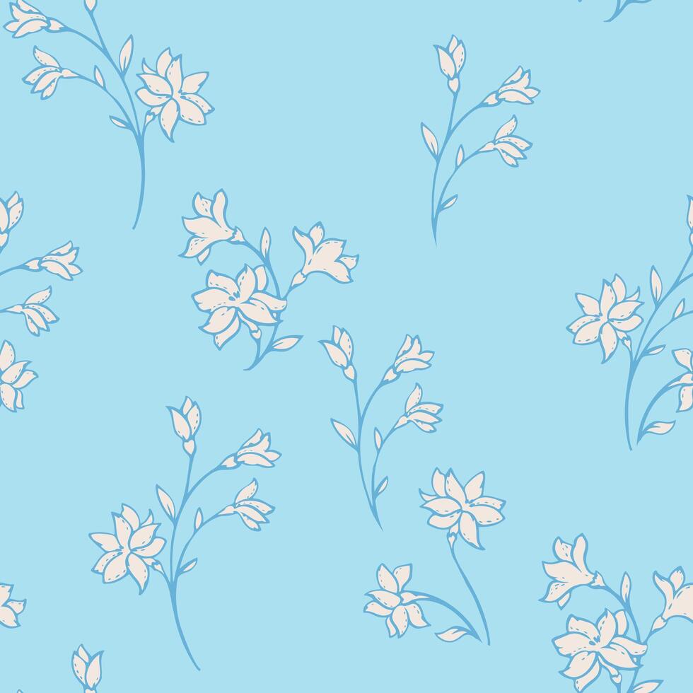 Minimal seamless floral pattern with delicate white blossoms and fine blue outlines on a soft sky blue background. Light, airy botanical branches create a clean and elegant design vector
