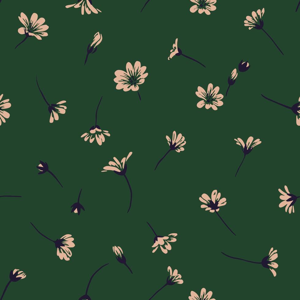 Seamless pattern with small hand drawn daisy buds scattered across a deep green background. Playful floral elements create a modern, minimal and organic botanical design vector