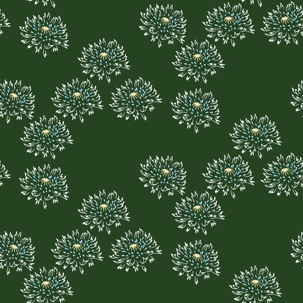 Seamless pattern with stylized chrysanthemum blooms in soft cream and blue tones on a deep forest green background. Elegant floral repeat ideal for textiles and decor vector