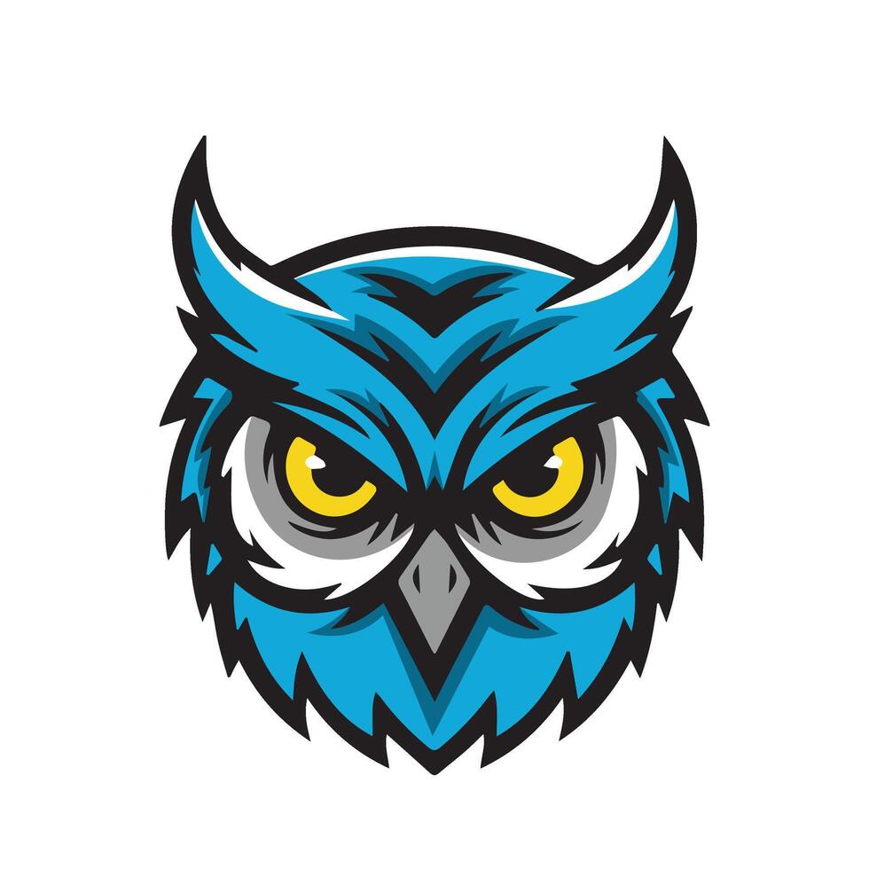 Blue owl head with sharp eyes and fierce expression illustration vector