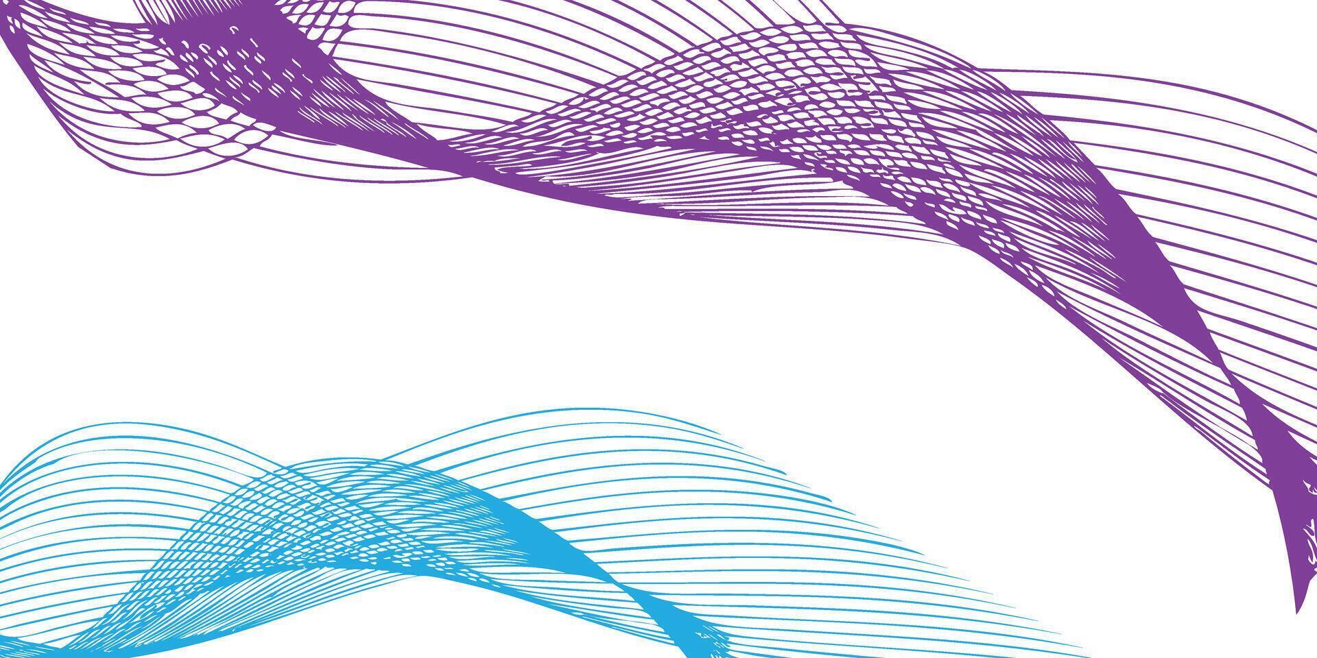 Dynamic purple and cyan abstract waves composed of flowing intersecting lines and halftone dot patterns. vector