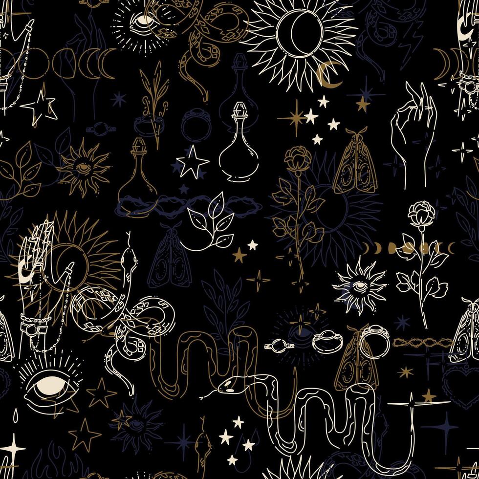 Seamless golden pattern in tattoo style on black background. Magical and esoteric symbols with an overlay effect. illustration. vector