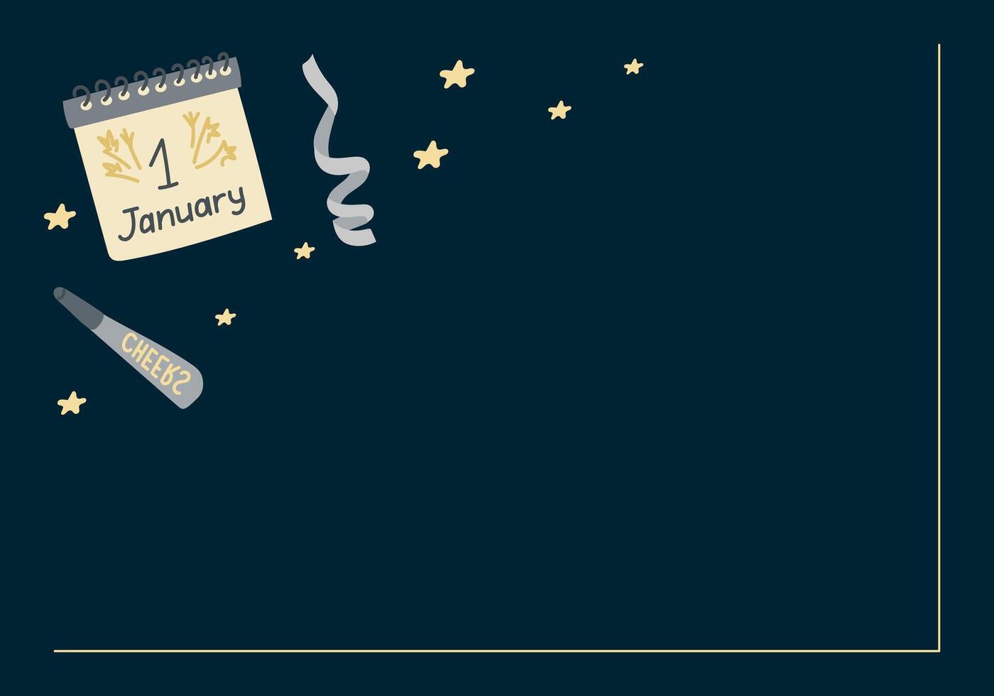 A festive new year background with a January 1 calendar, stars, streamers and a cheers noisemaker frames an empty space for messages. The concept represents new year celebration, fresh beginnings vector